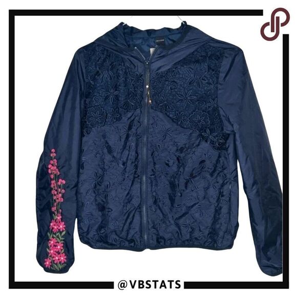 Desigual Size 40 Navy Full Zip Navy Jacket with Pink Floral Embroidered Hoodie - Picture 1 of 8